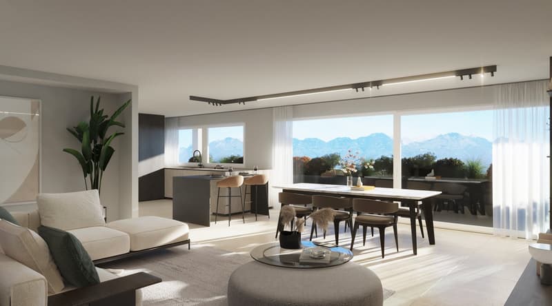 This image shows a modern, open-concept living and dining room with large windows offering a scenic mountain view. The space features a comfortable living area with a sofa and armchair, a dining table with chairs, and a sleek kitchen with black cabinetry