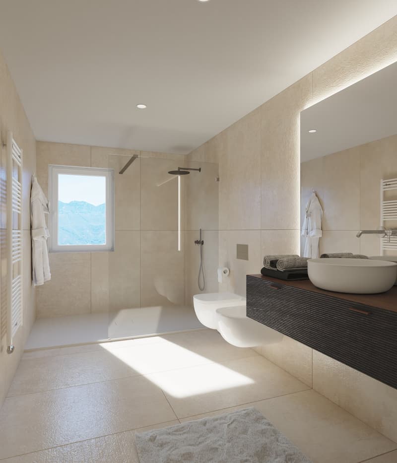 Spacious bathroom with large window, walk-in shower, vanity with vessel sink, and towel storage