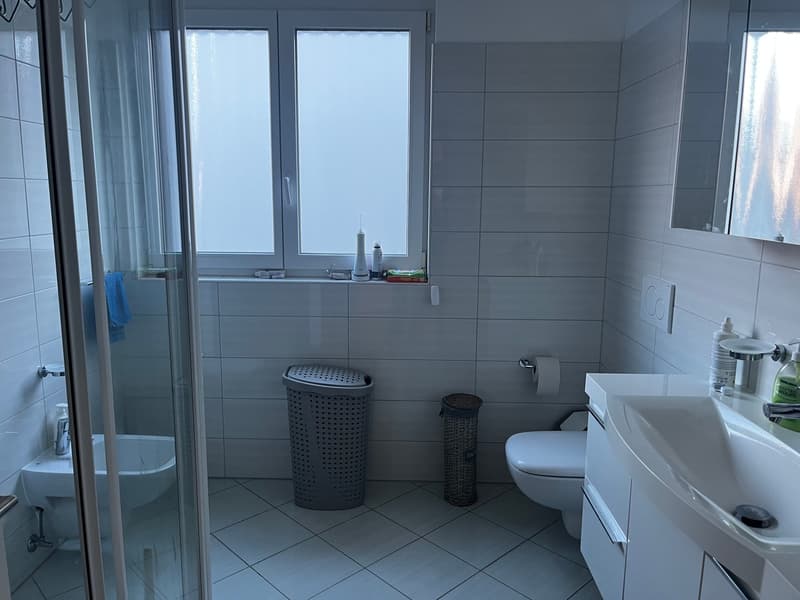 Tiled bathroom with glass shower enclosure, toilet, vanity sink, and laundry baskets