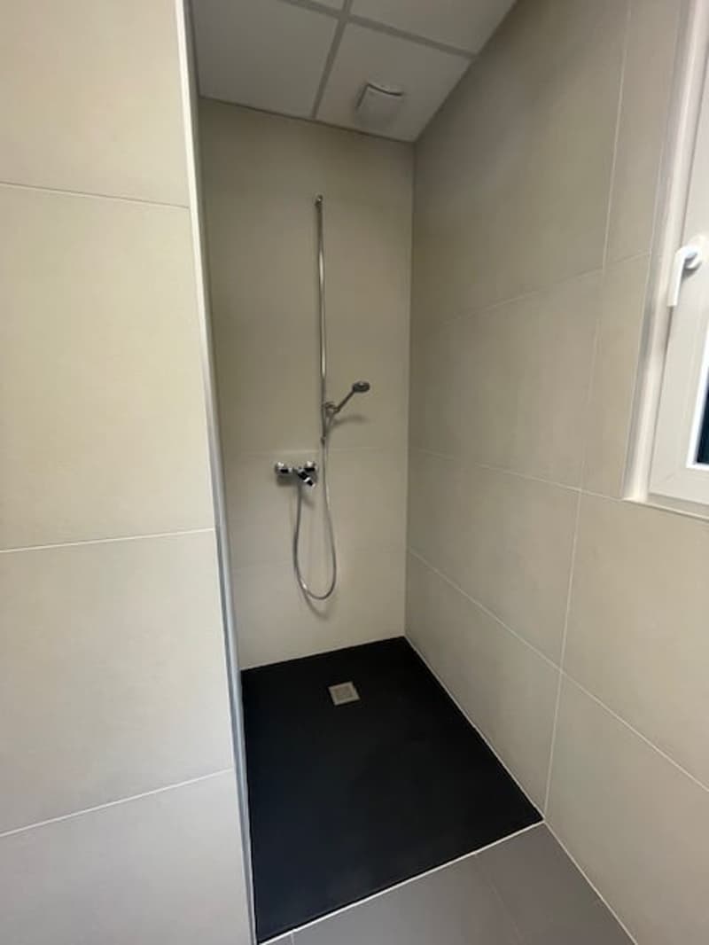 The image shows a modern bathroom with a walk-in shower. The walls are tiled in a light color, and the floor is a dark tile. The shower area has a glass enclosure and a chrome shower head and faucet.