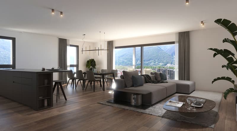 Spacious open-plan living area with large windows offering a scenic mountain view, modern furniture including a gray sectional sofa, dining table with chairs, and a kitchen area with dark cabinets. The room features hardwood flooring, recessed lighting, a