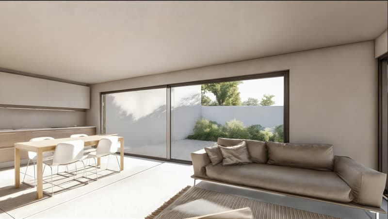 Spacious open-plan living area with large windows overlooking a balcony or terrace, modern kitchen with dining table, and a comfortable sofa in the living room area.