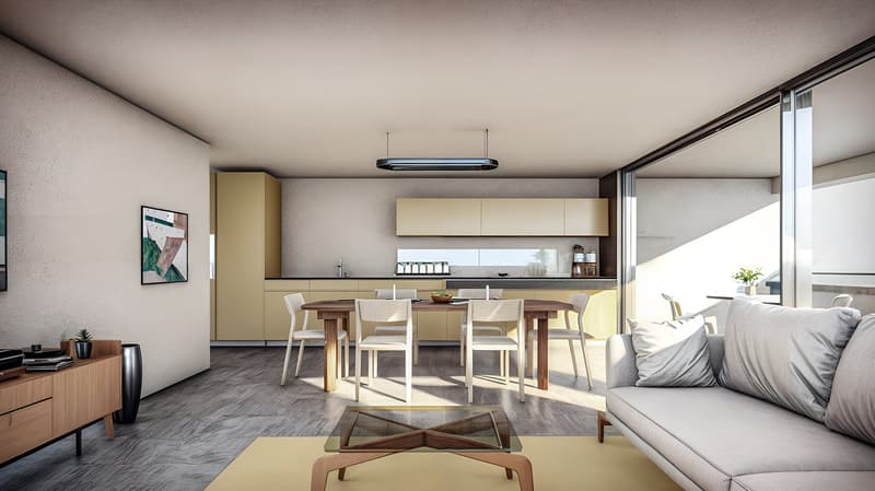 Open-plan living and dining area with wooden table, modern chairs, gray couch, glass table, white walls, beige flooring, glass doors, kitchen with yellow cabinets, picture frame, indoor plant, coffee machine, sink