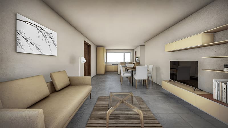 Interior design rendering of a modern living room with a beige sofa, glass coffee table, a wooden rug, a wall-mounted television, a dining area with a wooden table and white chairs, and a beige bookshelf with books and a painting.