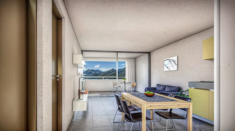 Open-plan living and dining area with a view of the mountains, featuring a dining table, chairs, a couch, and a side table with a lamp.