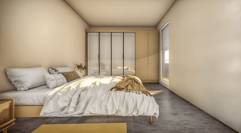 Luxurious master bedroom with neatly arranged white bed, beige rug, a wall-mounted closet, and large windows with white shutters.