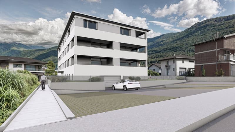 2 story house, white exterior, modern design, large windows, multiple balconies, driveway, parking spot, sidewalk, garden area, trees, mountains in the background