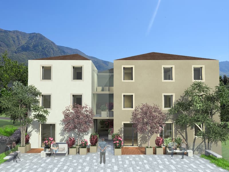 2 story building, beige walls, glass entrance, brown roof, glass window, trees, grass, sitting people, front courtyard