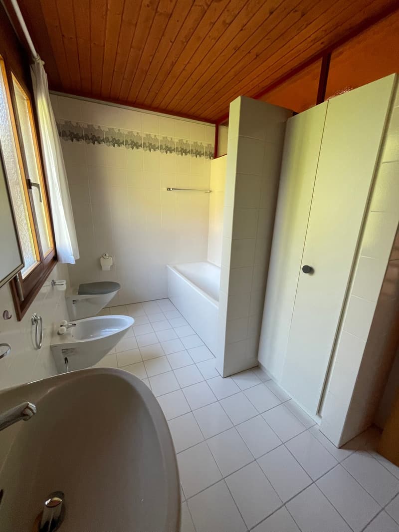 white tiles, bidet, toilet, bathtub, mirror, white cabinets, wooden ceiling