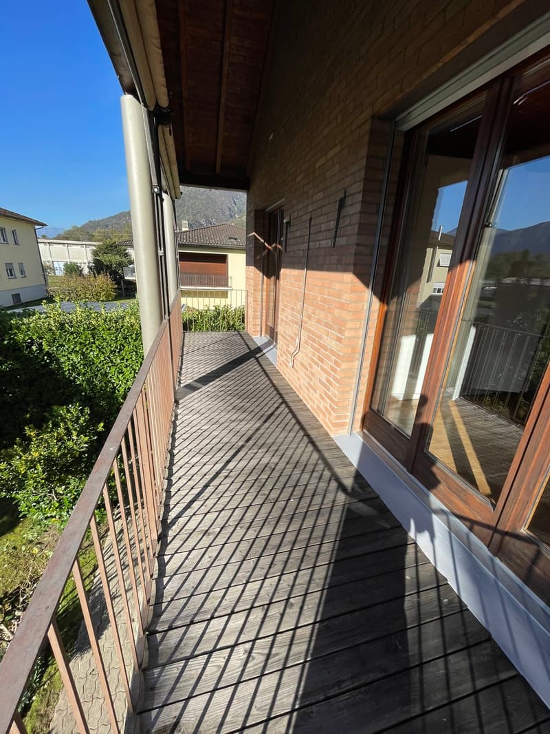 wooden deck, brown railing, brick wall, windows, fenced bushes