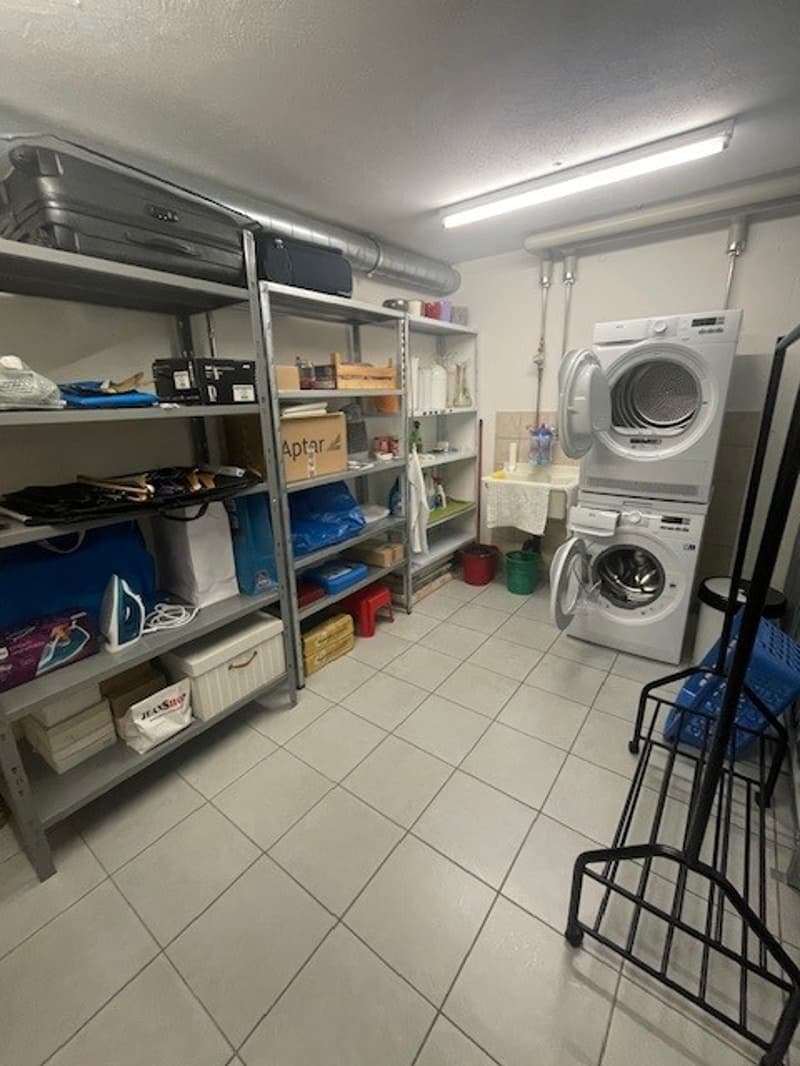 A small laundry room contains a shelf with boxes, a washing machine, and a tumble dryer.