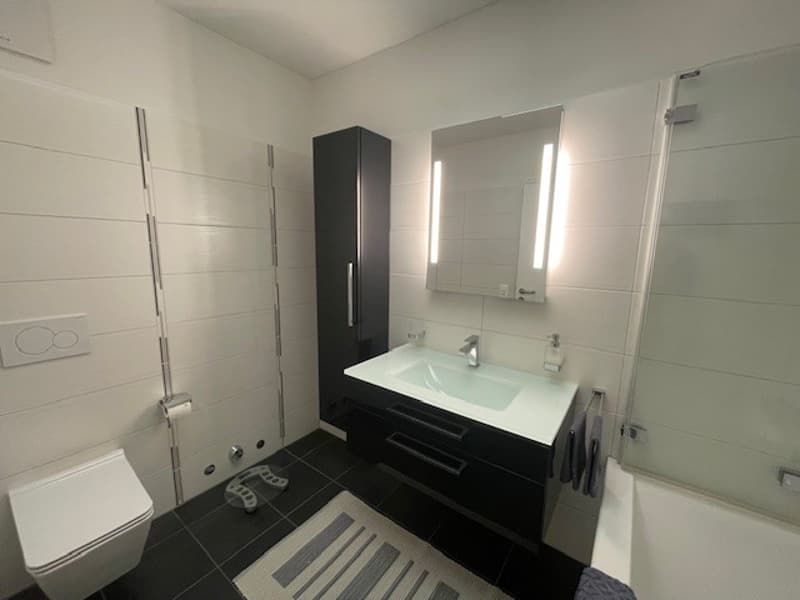 Modern bathroom with a white sink, a mirror above it, a black storage cabinet, a glass shower enclosure, a white bathtub, and a toilet.