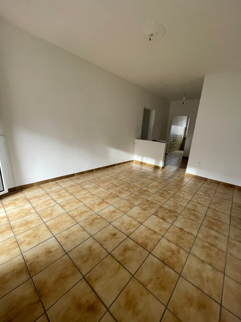 Empty room with white walls, tiled floor, ceiling light, white and grey door, power outlet