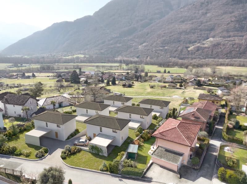 Cluster of modern houses, each with a garage, set in a green landscape with a mountain in the background