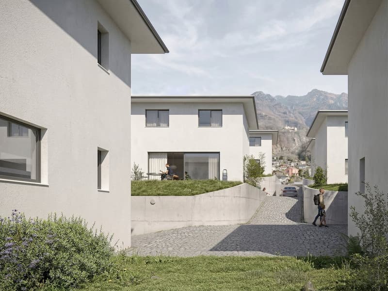 modern white house, raised ground floor, large windows, green grass, mountain view