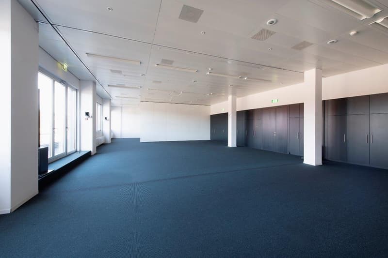 Empty room, blue floor, white walls, glass windows, pillars, and sliding doors