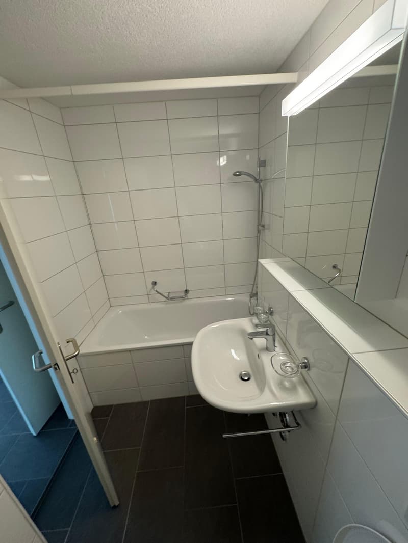 white tiles, sink, mirror, bathtub, shower, faucet
