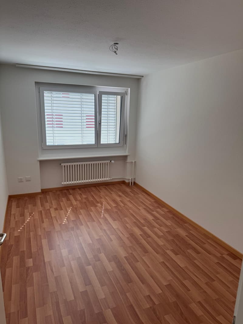 Empty room, wooden floor, white walls, large window with white blinds, white radiator