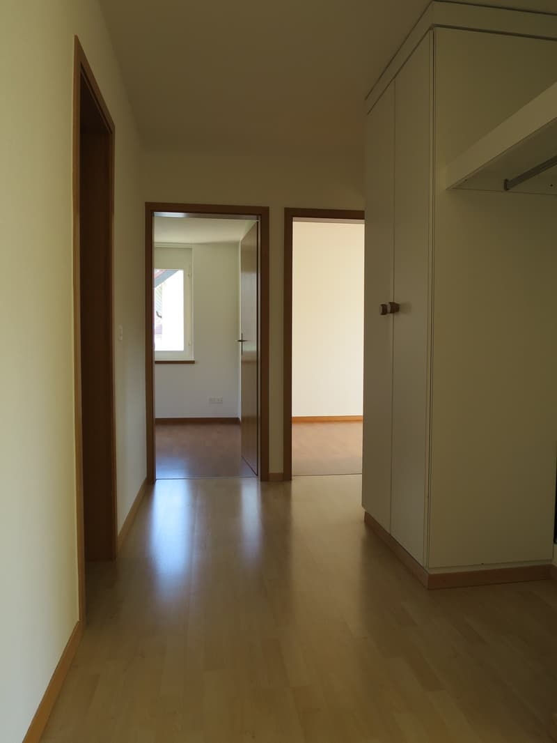 A long hallway with wooden flooring and three doors on either side, leading to rooms.