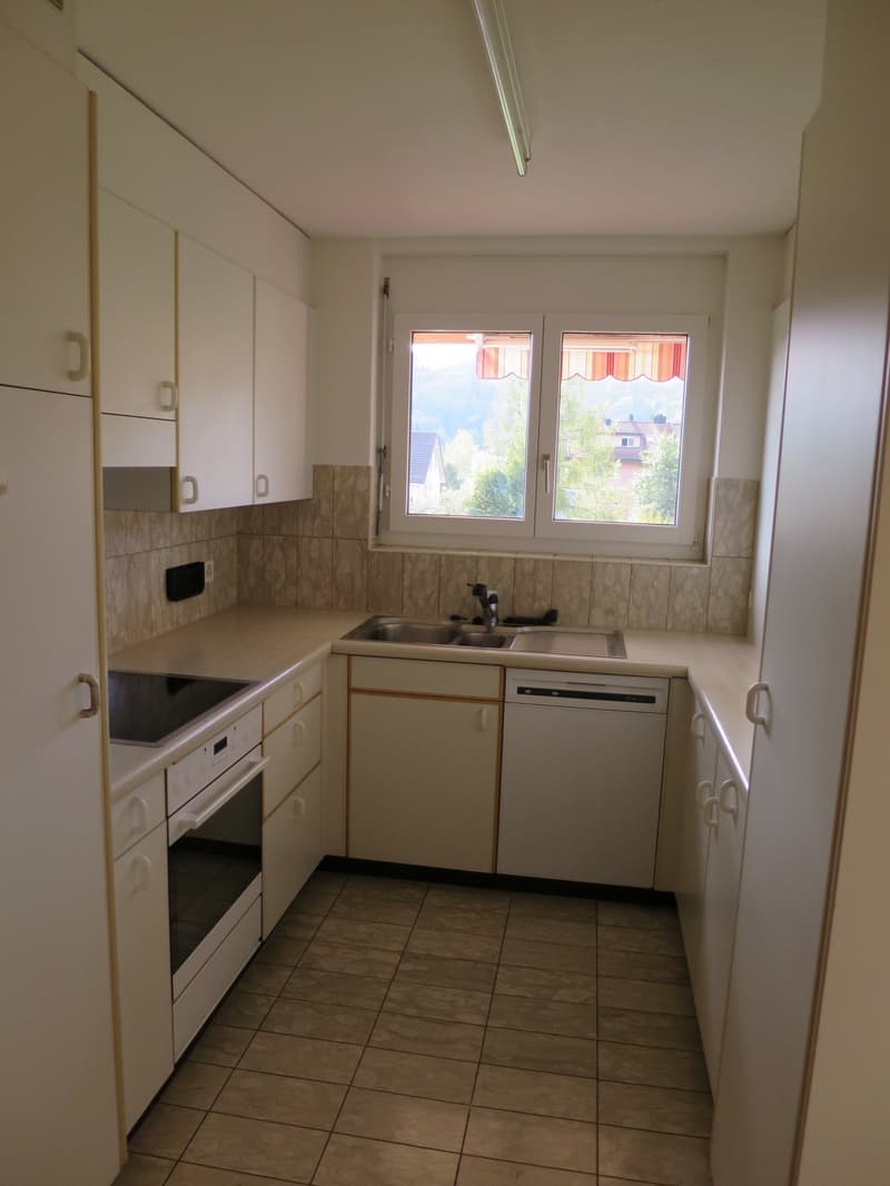 modern kitchen, white cabinets, ceramic tiles, gas stove, dishwasher, sink, white countertops