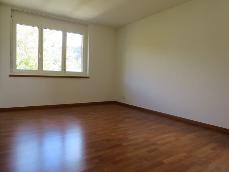 Empty room, wooden floors, white walls, large window