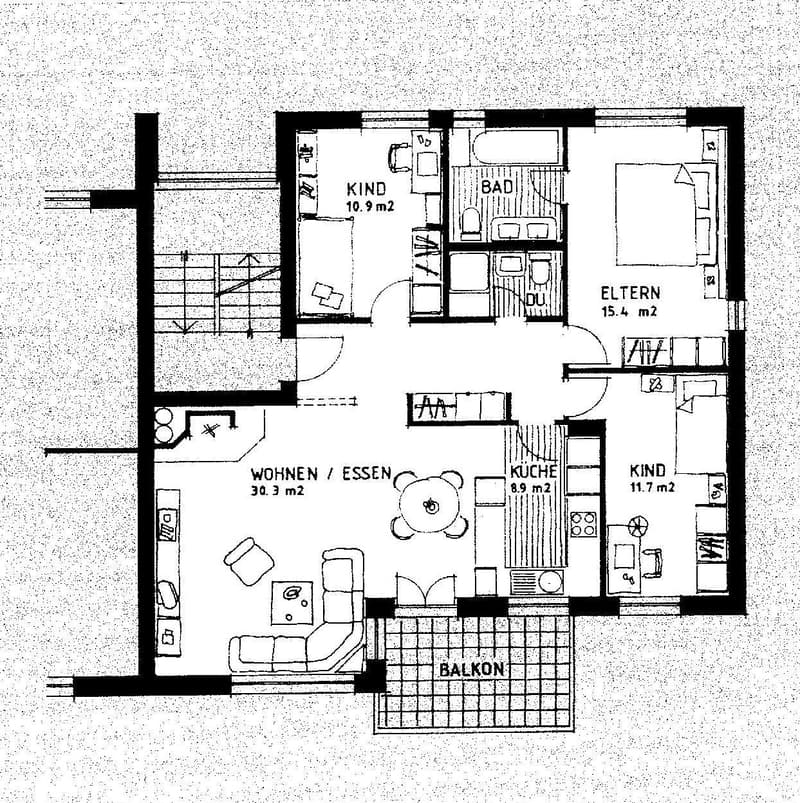 living room, dining room, kitchen, 3 bedrooms, 2 bathrooms, balcony