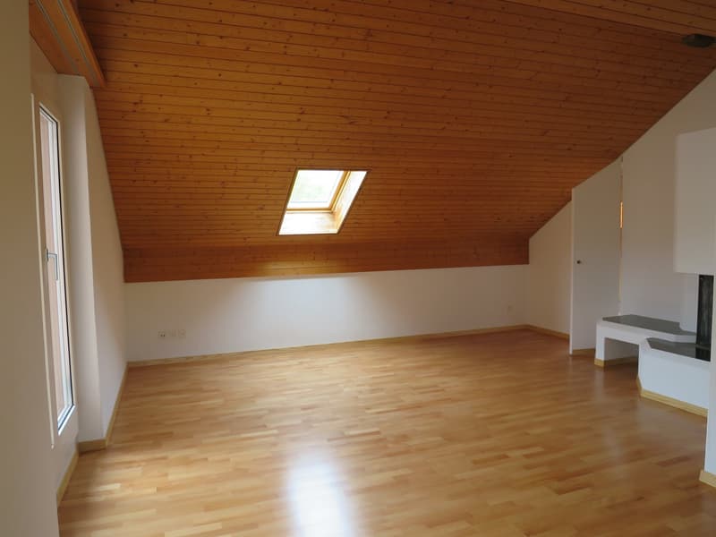 empty room with wooden floor, white walls, and wooden ceiling with skylight