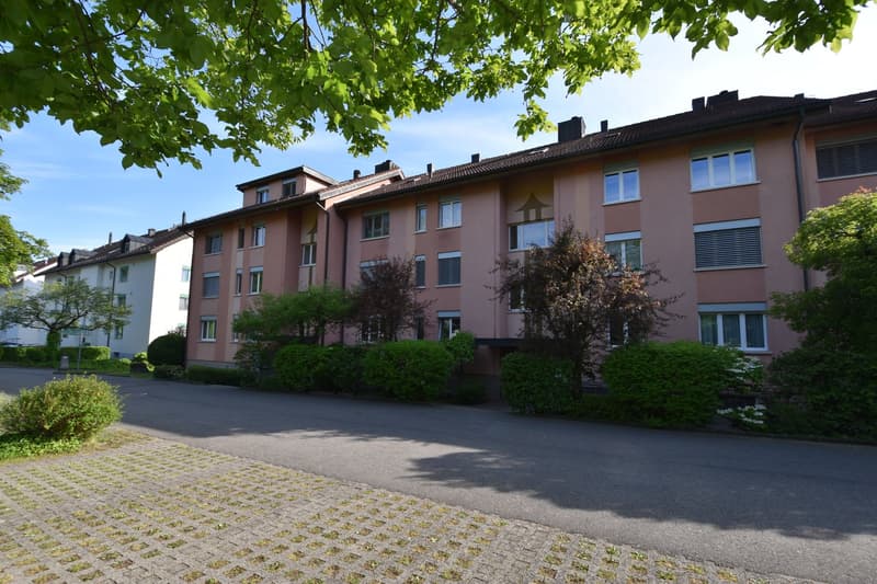 Multi-story building with pink facades, numerous windows, parking area, well-maintained greenery
