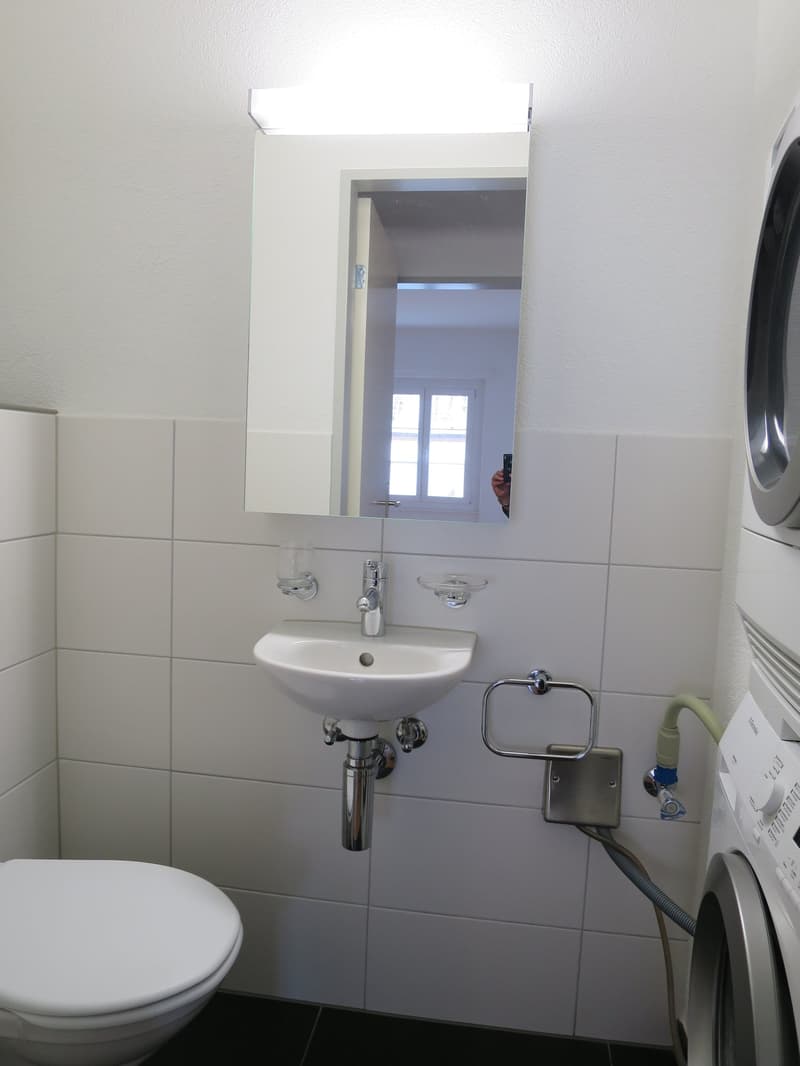 Bathroom with white tiles, white toilet, white sink, mirror, washing machine