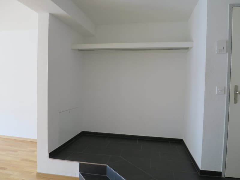 empty room, white walls, black tiled floor, wooden floor, white ceiling, white door, white shelf