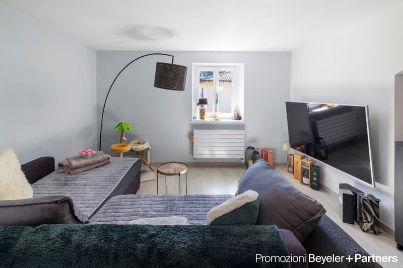 modern living room with gray couch, wooden floor, window, radiator, flat screen TV, floor lamp