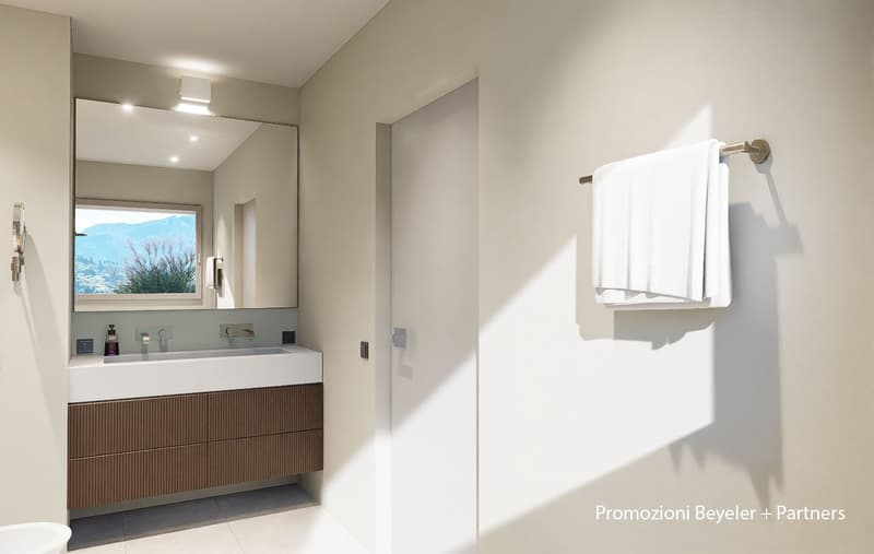 modern bathroom, white and brown color, double sink, large mirror, and a mountain view