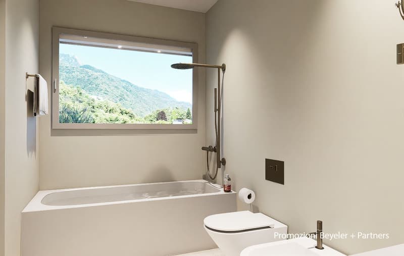 Bathtub, toilet, sink, large window, showerhead