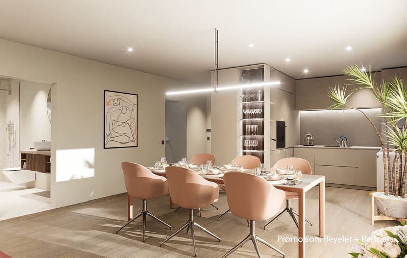 dining table with chairs, modern decor, light fixtures, modern art on wall, open door to bathroom, wooden flooring