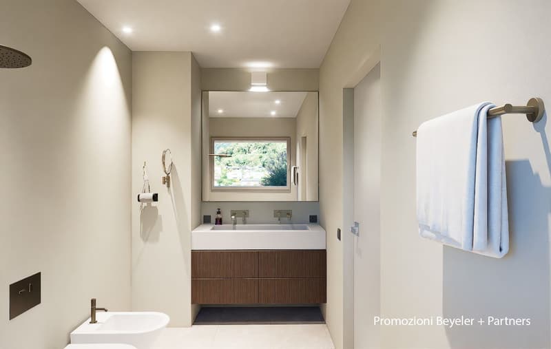 modern bathroom, double vanity, glass shower, built-in mirror, white tiled floor, beige walls