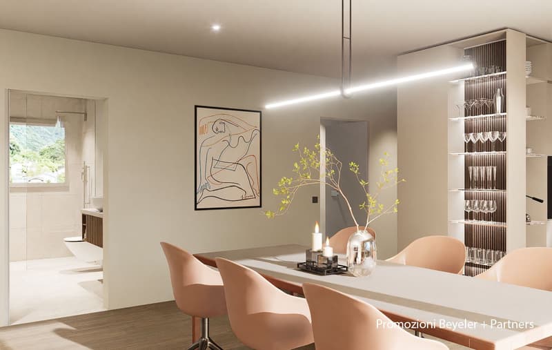 Dining area, rectangular table with six chairs, glass cabinet, painting, candles, plant in a glass vase, light on ceiling