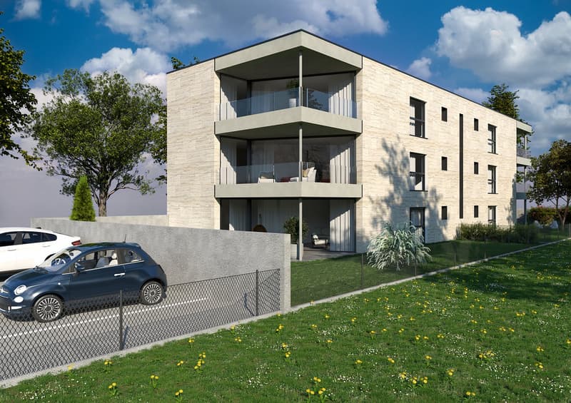 Modern building with beige facade, glass balconies, parking area, and well-maintained landscaping.