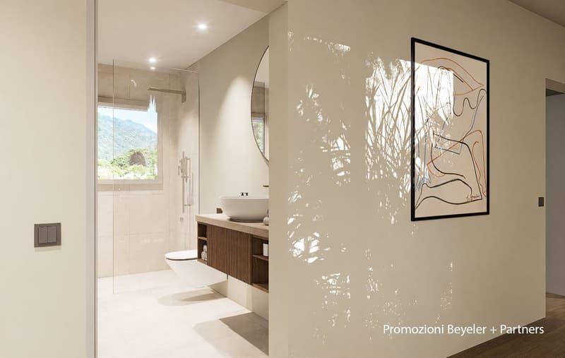 shower cubicle, toilet, sink, wooden cabinet, mirror, artwork, tile flooring, window