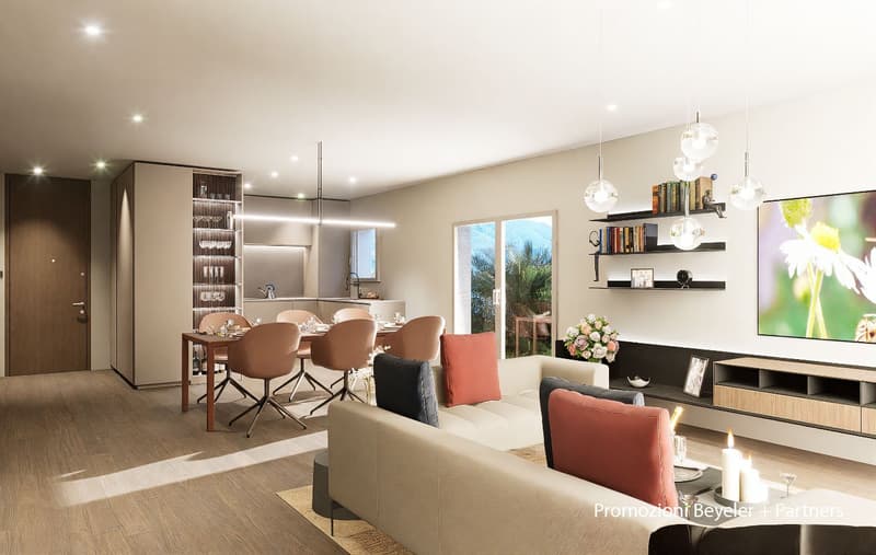 modern living room with a dining area, a large screen, a wooden floor, built-in shelves, modern furniture, and large windows