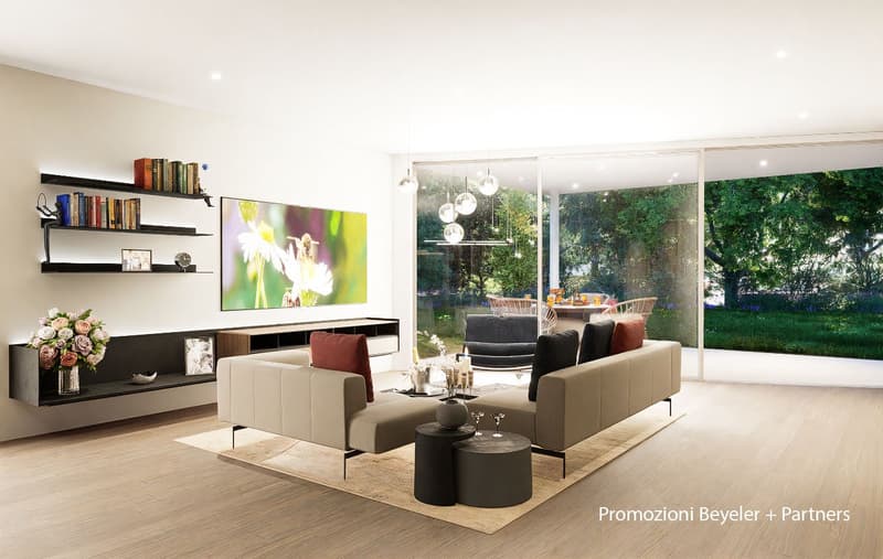 modern living room, L-shaped sofa, TV, coffee table, two stools, floor lamp, carpet, large window, outdoor patio