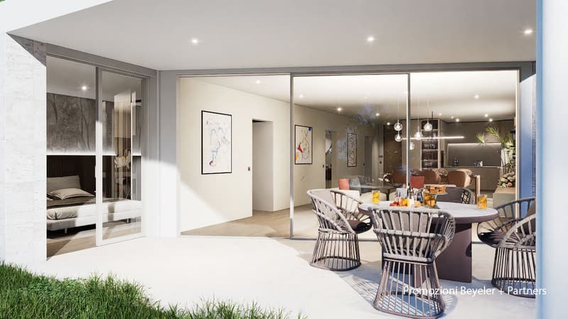 modern interior, glass walls, dining table with chairs, indoor plants, decorative objects