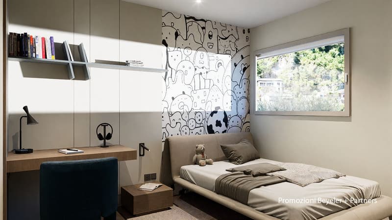 Single bed, blanket, bedsheet, pillow, shelf with books, desk, lamp, chair, stuffed animal, power outlet, window with view of the trees.