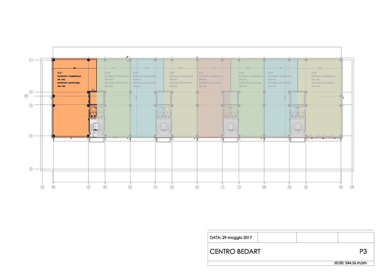 The image shows a floor plan with multiple commercial spaces. The spaces are labeled as 'Superficie commerciale' (Commercial area) and are numbered from A3.1 to B3.4. The floor plan appears to be divided into several sections or units.