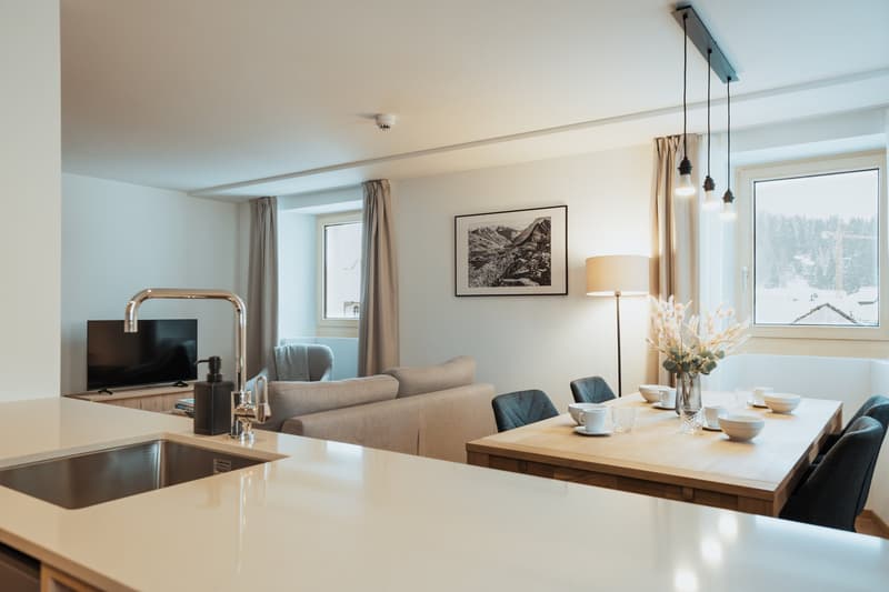 open kitchen and living room, couch, tv, dining table, window, dining chairs