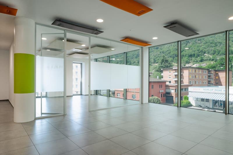 empty room, large glass windows, tiled floor, large building view, white ceiling