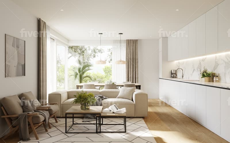 modern decor, white walls, wooden floor, large windows, open space
