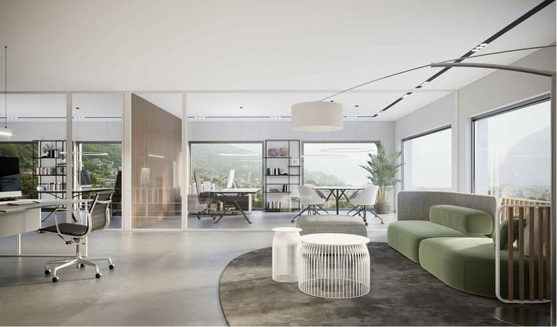 modern office space with glass walls, white furniture, large windows, greenery, modern lighting, open layout
