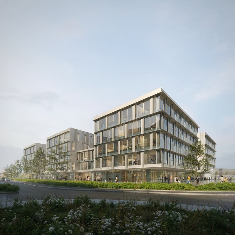 Modern office building, glass facade, multiple floors, landscaped area, people walking