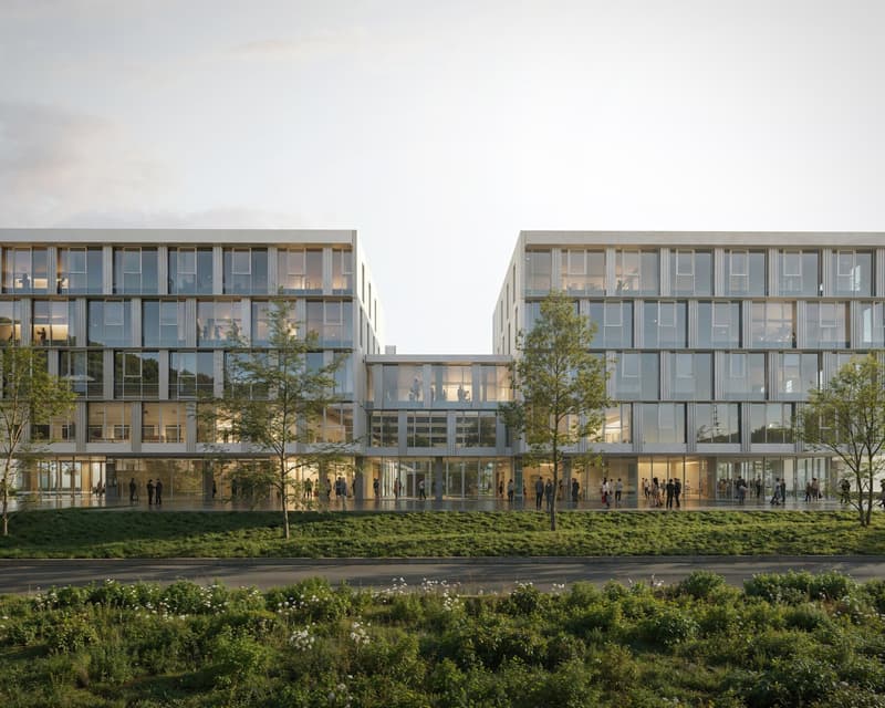 Modern office building with glass facade, multiple floors, entrance with glass doors, people walking around, trees, and grass in front.