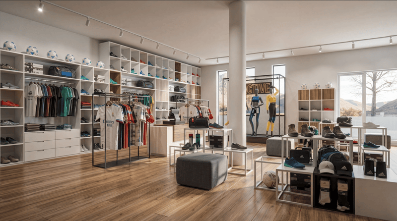 A store with wooden floor, white shelves, racks, and tables, displaying various sports items, mannequins, and a large window with a view of the outside.
